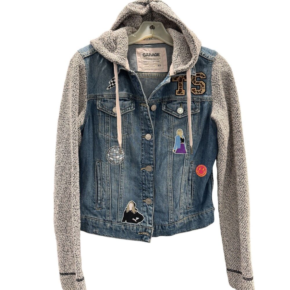 Garage Jean Jacket Hooded Upcycled Swiftie Patches Fancore Soft Cotton Denim M